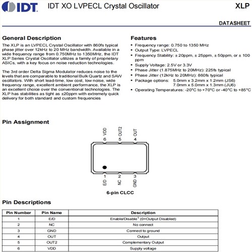 LVPECL石英贴片晶振,XLP738014.745600X,IDT低电压6G晶振