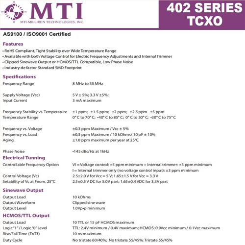 6G通讯模块晶振,MTI-milliren低相位噪声晶振,402系列HCMOS输出晶振